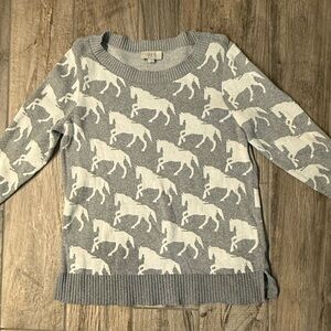 LOFT Gray and White Crew Neck Sweater with Animal Print
